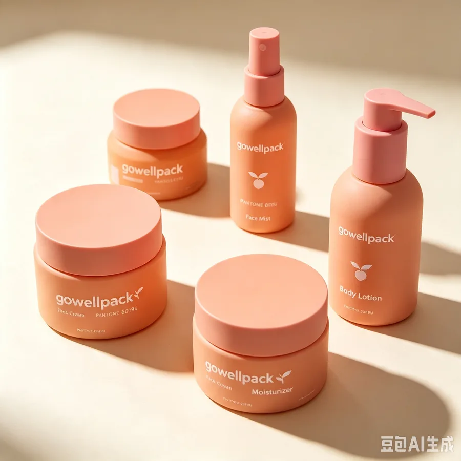 Matte peach cosmetic bottle and jar packaging set