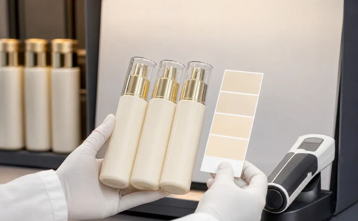 Inspector comparing cosmetic bottles for consistent color