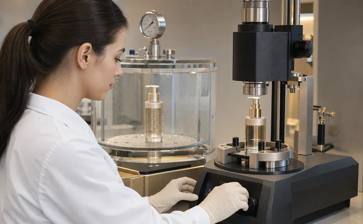 Technician testing a cosmetic pump bottle for leaks and cap torque