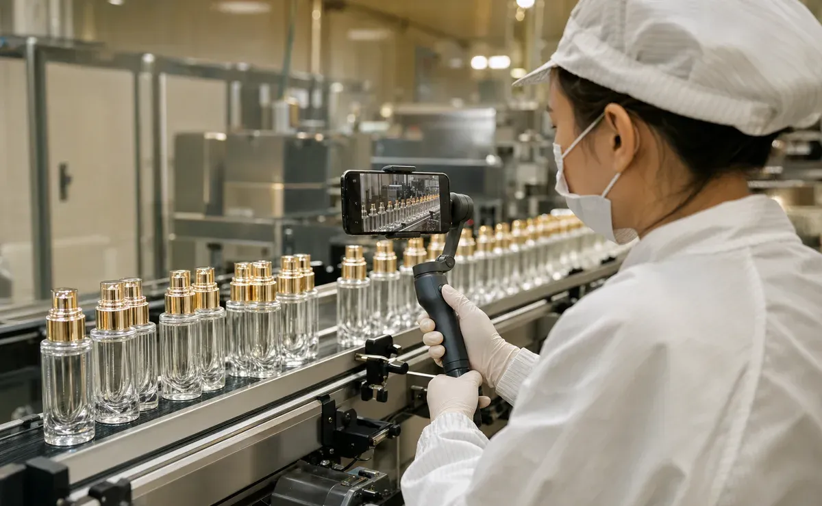 Quality specialist recording the cosmetic packaging production line