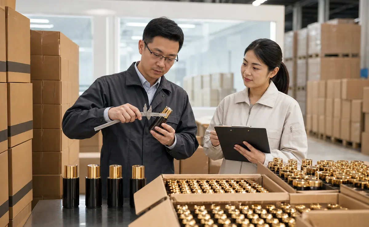 Independent inspector checking cosmetic packaging before shipment